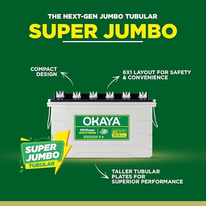 Image of OKAYA PowerON OPSJT19060 160Ah Super Jumbo Tubular Advanced Battery for Home, Office & Shops | Robust & Compact Design | Extra Backup (XBD Technology) | 60 Months Total Warranty