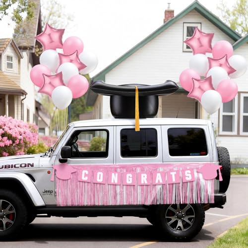 LaRandom 49 Pack Graduation Car Decoration Kit 24 Inches Large Inflatable Black Gold Graduate Hat with Tassel Pink White Tassel Banner Balloon for Car Graduation Party Decoration Supplies