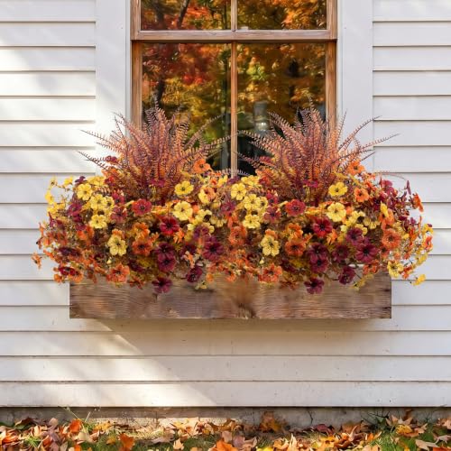 Image of Bassion Artificial Fall Mums for Outdoors Decor, 16 Pcs Fake Fall Flowers | Realistic, faux plants, silk flowers, UV resistant, no fade, outdoor yard porch garden planter window box home autumn decor