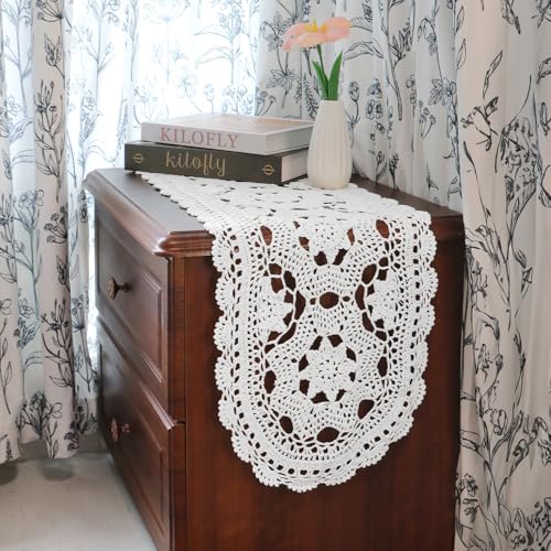 kilofly Handmade Crochet Cotton Table Runner Tablecloth, 12 x 47 inch, White