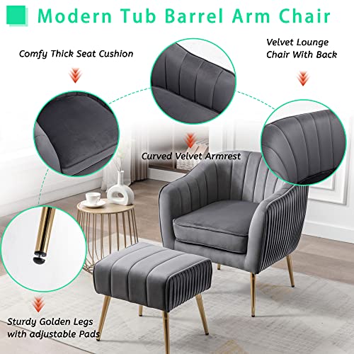 Kcc Velvet Modern Tub Barrel Arm Chair Upholstered Tufted Sofa Chair With Gold Metal Legs Accent Club Chair With Ottoman Footrest For Living Reading Room Bedroom,Gray #TOP4
