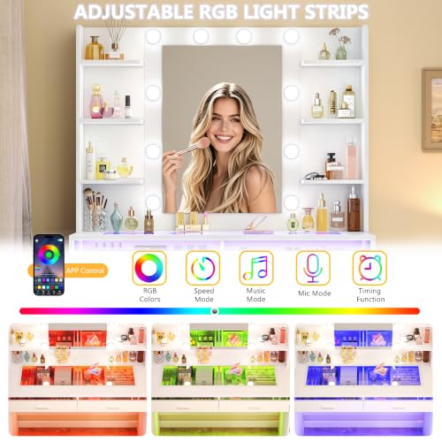 Image of HUAHUU Makeup Vanity Desk with Mirror and Lights, White Vanity with Storage Chair, Transparent Top Vanity with RGB Drawers, 6 Shelves, Charging Station, for Bedroom