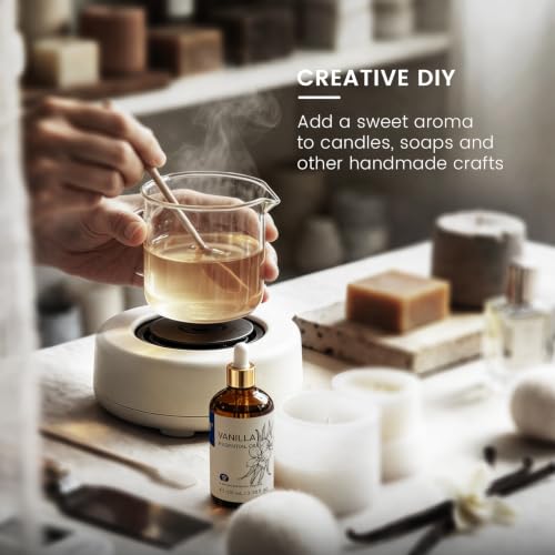 Image of HIQILI Vanilla Essential Oil for Skin, Diffuser, Perfume, Home Scents | Strong Fragrance Add in Unscented Lotion, Candle Soap Making Scent, Warm Sweet Aroma - 100 mL / 3.38 fl oz