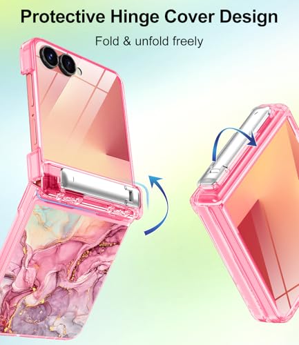Btscase for Galaxy Z Flip 7 Case Magnetic with Hinge Protection & Hidden Foldable Kickstand,[Built-in Front Screen Protector] [Compatible with MagSafe] Marble Slim Full Body Protective Case,Rose Gold - image 7