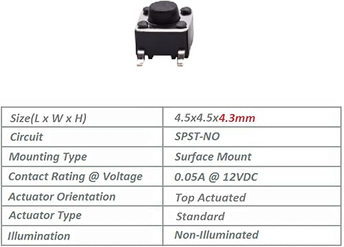 Miniatura 2 de Interruptor táctil de 0.177 x 0.177 x 0.169 in, 4 pines, SMD, interruptor de botón táctil, actuador superior, montaje en superficie, interruptor
