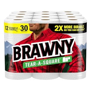 Brawny Tear-A-Sq. Paper Towels, 12 Household Rolls = 30 Common Rolls, 2X Extra Sturdy*, 3 Sheet Sizes, Robust and absorbent extra-large roll