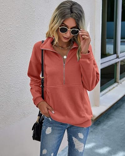 Beonych Sweatshirt Damen Pullover Elegant Langarmshirt Baumwolle Pulli Herbst Winter Casual Sweatjacke Oberteile Langarm mit Taschen (Orange, M)