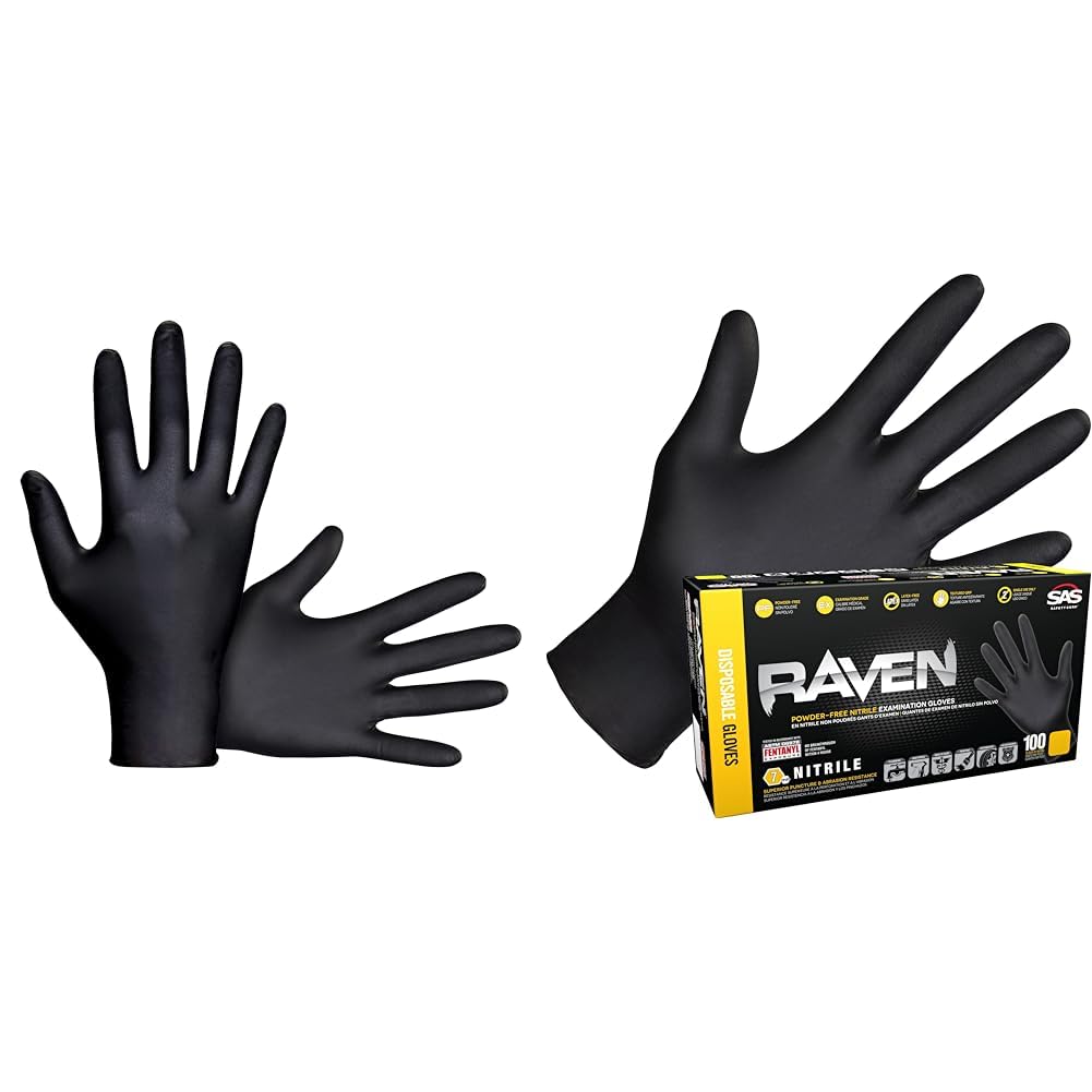 SAS Raven Safety Black Nitrile Gloves 7 Mil - Large & XL Boxes 100 Count Each Powder Free