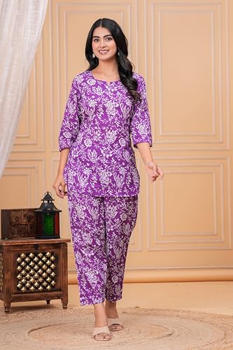 Image of MEERA FAB Women Printed V-Neck Pure Cotton Tunic with Trousers Co-Ords Set