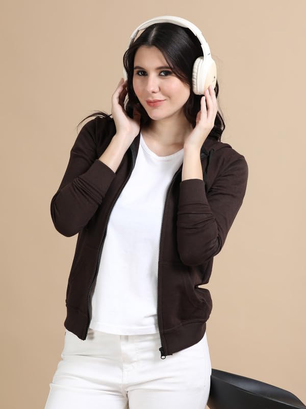 Image of Wafaa Women's Cotton Plain Hooded Neck Full Zipper Sweatshirt Hoodies with Kangaroo Pocket