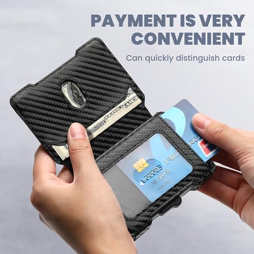 Wallet for Men, RFID Blocking Slim Mens Wallet with Money Clip, Minimalist Pop Up Card Case, ID Window, 9-11Cards Capacity, Bifold Leather Front Pocket Wallet with Gift Box (Black-Carbon Fiber)2