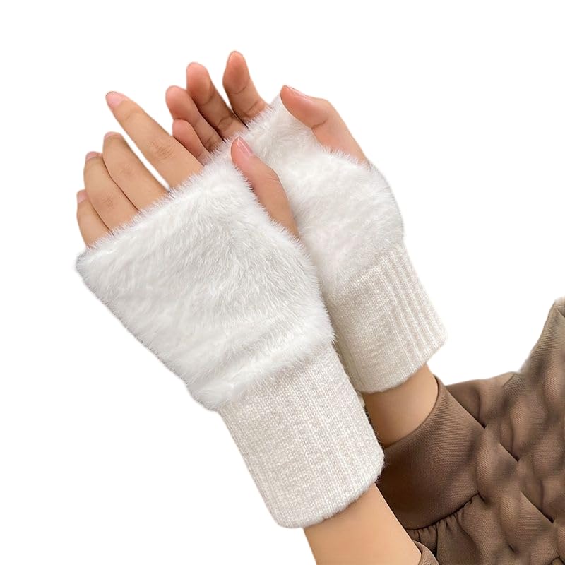 Gloves for Women Winter fingerless Hand Gloves for Girls Faux fur Fleece Mitten | Woolen Touch Screen Finger warm gloves for women Warmer (Freesize)