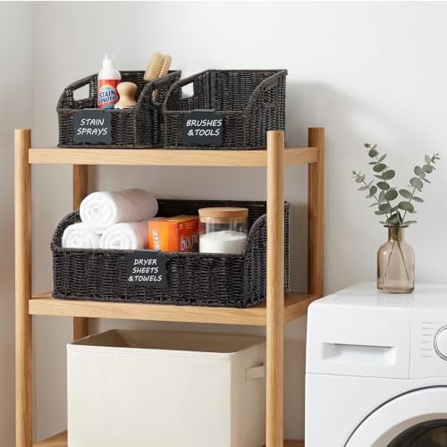 Image of Brownlily Wicker Pantry Storage Baskets with Chalkboard,Handwoven Baskets for Organizing with Built-in Handles, All-Purpose Storage Baskets for Shelves, Laundry Room, Black - Single Set (3-Piece)