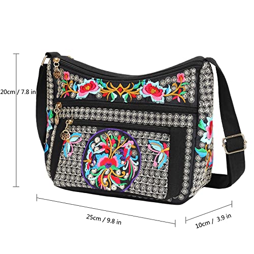 SILKAREA Embroidered Canvas 3 zip Small Crossbody Bag Cell Phone Purse Shoulder Wallet Handbags Wristlet Clutch Bag for Women3