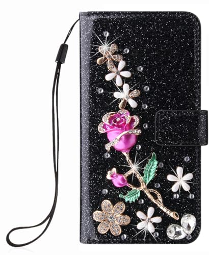 BLOTECH Coquille pour HTC U24 Pro Paillettes 3D Etui Cuir Housse Coque Bling Portefeuille Wallet PU Étui en Cuir Flip Noir Motif Strass Diamants 3D Rose Flip...