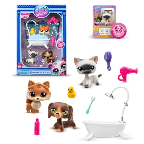 BANDAI - Littlest Pet Shop - Dia de SPA BF00638, 3 animais de estimação, 10 acessórios, 1 cartão de colecionador, 1 código virtual, geração 7 animais de estimação 172, 173, 174, figuras de LPS, a