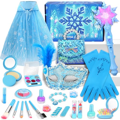 BuntWunder ELSA Eiskönigin Kinderschminke Spielzeug Set, Eiskönigin Prinzessin Kostüm Set mit Umhang, Handschuhe, Tasche, ELSA Spielzeug Geburtstag...