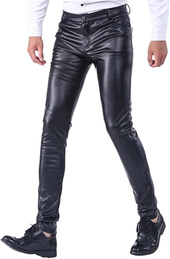 Idopy Stretchy Men`s Business Slim Fit Faux Leather Pants Jeans Trousers Thick