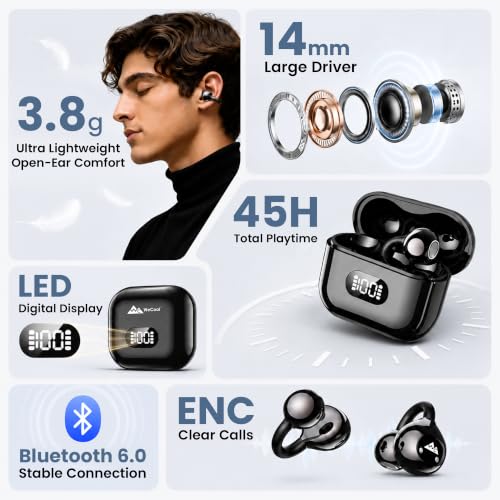 Image of WeCool Moonwalk M1 Open Ear Earbuds, Clip-On Bluetooth 6.0 Wireless Earphones, OWS Earbuds with ENC, 45H Playtime, Charging Case with LED Digital Display, Lightweight Fit for Sports & Daily Use