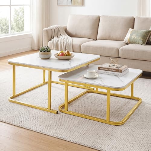 Image of GIANTEX Nesting Coffee Table Set of 2, Faux Marble Center Table with Metal Frame, Modern Square Accent Cocktail Table, Small Coffee Table for Living Room, Small Spaces (White & Gold)