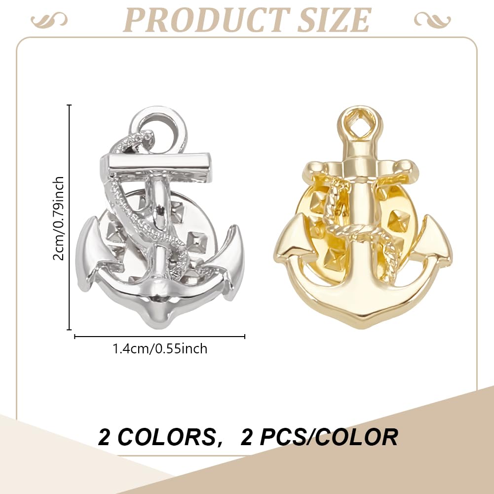 WEBEEDY 4 piezas Broche Ancla Oro Plata para Hombres Mujeres Pines de Solapa de Marina Metal