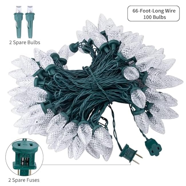 C9 Christmas String Lights White, 66ft 100 LED Faceted Christmas Lights on Green Wire, Large Bulb Strawberry String Lights for House Roof Roofline Christmas Tree Party Outdoor