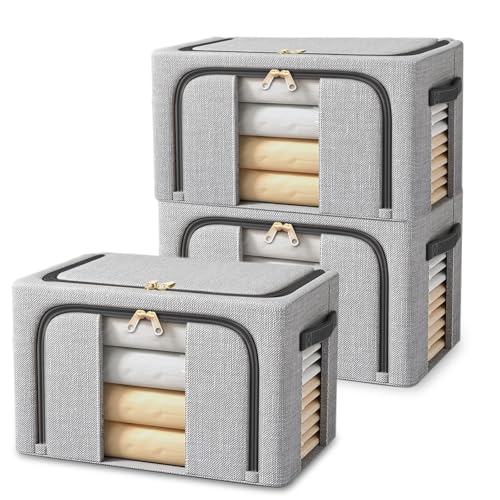 Resszo 3 Stück Faltbare Aufbewahrungsbox, 24L Schrank Organizer für Kleideraufbewahrung & Organisation, Mit Metallrahmen und Reißverschluss, Geeignet für Bettdecken, Decken und Kleidung - Grau
