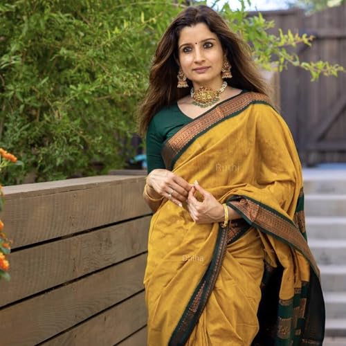 Image of DHIHA Gadwal Cotton Saree for Women | Pure Kalyani Cotton Saree with Zari Border Tassels & Blouse | Kanjivaram Linen Silk | Handloom Weave
