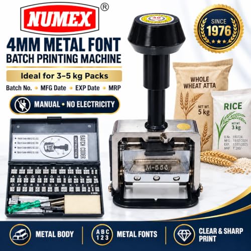 Image of NUMEX 4MM Metal Font Batch Printing Stamp | Heavy Duty Manual Coding Stamp | Prints Batch No., MFG Date, EXP Date & MRP | for 3kg-5kg Pouches, Bags, Labels & Craft Use | Made in India