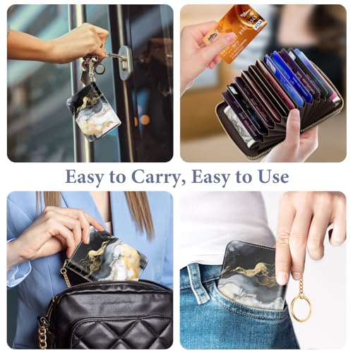 Image of Credit Card Holder RFID Wallet for Women, Small Leather Card Organizer Case with Zipper and Keychain, Black Marble