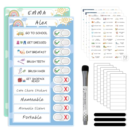 Image of 2 in 1 Namable Chore Chart for Kids, Dry Erase Morning /Bedtime Routine Chart for Kids for Refrigerator, Magnetic Visual Schedule for Kids Toddlers to Do List Checklist for Multiple Kids