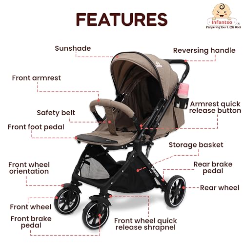 Image of Infantso GlideX Premium Baby Stroller / Pram, Reversible Handle, One-Hand Fold and 360 Rotating Wheels,, Travel Friendly, 5 Points Safety Harness, Extendable Canopy, Multilevel Recline, Adjustable Footrest, Easy Fold, Shock Absorption Wheels, for babies 0 to 3 years ( Khaki )
