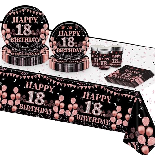 TOPWAYS 18 Años Cumpleaños Platos Desechables Vajilla Set, Oro Negro Rosas Papel Desechables Elegantes Platos Fiesta Tazas Mantel para Decoración 18 Cumpleaños Niña 16 invitados