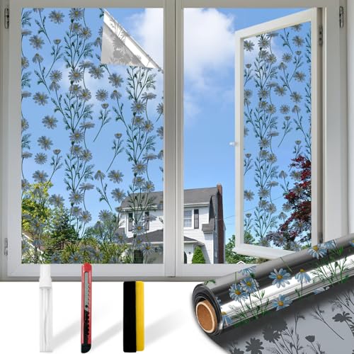 Countewol Upgraded Window Privacy Film One Way Daytime Privacy Static Cling Sun Blocking Anti UV Reflective Window Tint for Home and Office (Silver ?Daisy?, 17.5 X 78.7 in)
