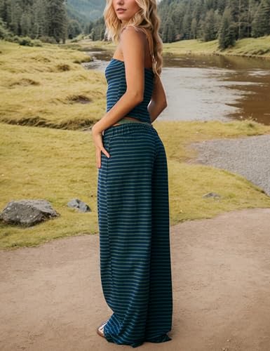 Image of Burtell Summer Striped 2 Piece Lounge Sets For Women Casual Strapless Crop Tube Tops Wide Leg Pants Sets Matching Pajama Sets