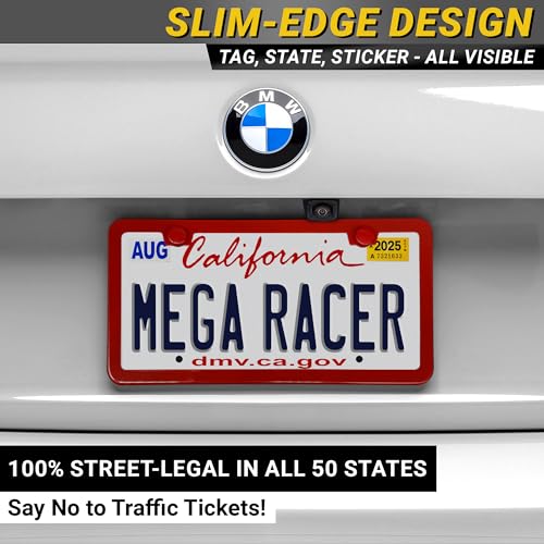 Image of Premium Slim Red License Plate Frames - 2 Pack, Rust-Free Stainless Steel, Street Legal & Rattle-Free, Universal Fit with Screw Caps, Sleek Thin Metal Front & Rear Car Tag Holders for Men & Women