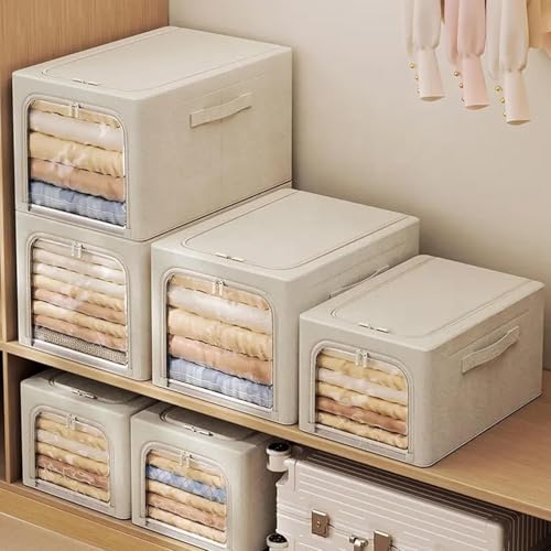 Image of Yellow Weaves Oxford Fabric 6 Pcs Clothes Organizer for Wardrobe,Foldable,Stackable,Space Saver Closet Basket,Cupboard Almirah Organizer,Storage Box for Clothes(Ivory,Large),47x35x30 Centimeters