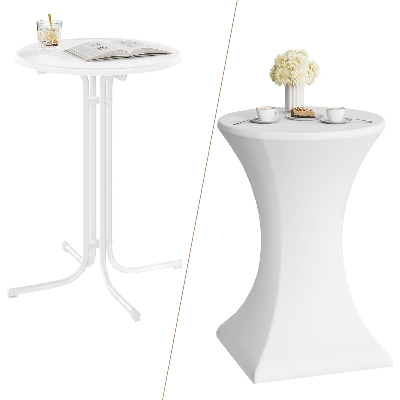 WOLTU Stehtisch klappbar, Bistrotisch mit Husse, Gartentisch wetterfest rund, Bartisch Ø 80 cm, Hochtisch 110 cm, Beistelltisch Indoor Outdoor, für Garten Party Hochzeit, Metallrohre, Weiß