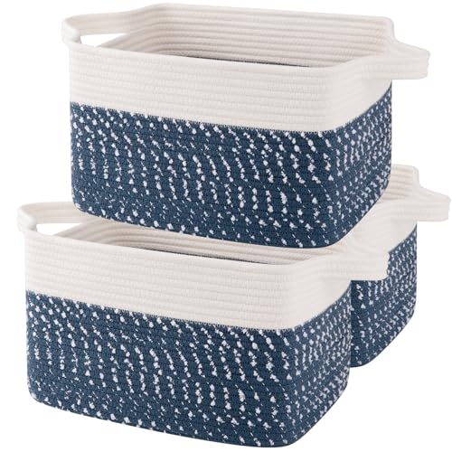 OIAHOMY Storage Basket, Woven Baskets for Storage, Cotton Rope Basket for toys,Towel Baskets for Bathroom - Pack of 3,White Blue