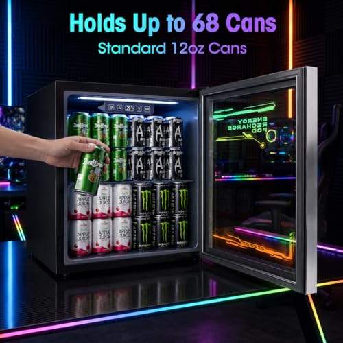 Image of Tehanld Lighted Beverage Refrigerator, 68-Can Gaming Mini Fridge | RGB illuminated glass door, 1.8 cu.ft, 35-65F digital control, quiet drink cooler for bedroom, game room, home bar
