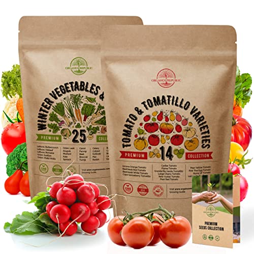 25 Winter Vegetable & 14 Rare Tomato & Tomatillo Seeds Variety Packs Bundle Non-GMO Heirloom Seeds for Planting Indoor and Outdoor Over 7300 Vegetable & Tomato Seeds in One Value Bundle