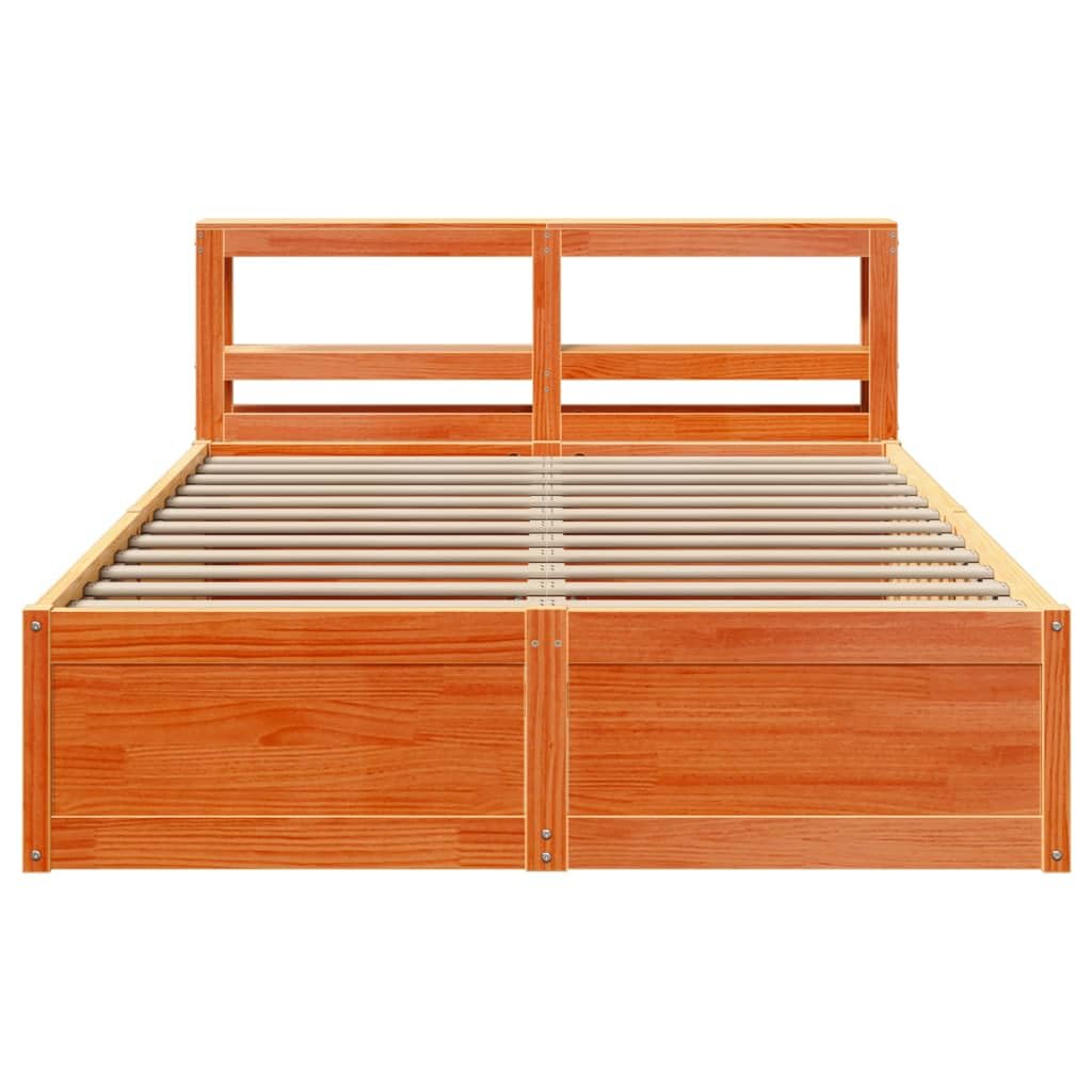 Łóżko z litego drewna sosnowego z zagłówkiem w kolorze brązowym, 135 x 190 cm, stabilna rama łóżka ze stelażem, wolnostojące, z półkami, idealne do spokojnego snu i sypialni