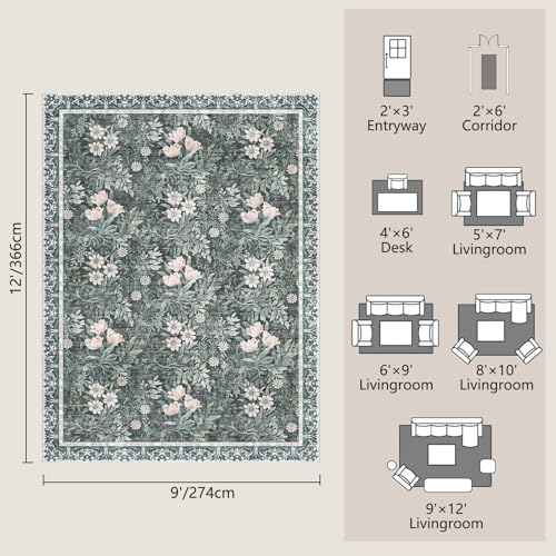 Image of Washable 9x12 Area Rug - Light Green Vintage Floral with Ornate Border, Soft Low Pile Carpet for Living Room, Dining Room Under Table, Bedroom Non-Slip, Stain Resistant & Durable