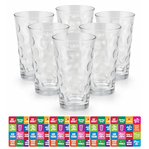 Premium Dubbeglas für Schoppen (6 Stück 0 5l) + 6 x Pfälzer Sprüche Untersetzer Schoppenglas zum Genuss von Pfälzer Wein Schorle oder Riesling original Pfalz Dubbegläser