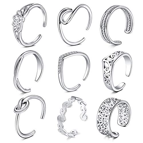 Women Open Rings Set Anicina Multi Type Tail Ring Simple Open Toe Ring Finger Foot Beach Jewelry Hypoallergenic,Pack of 9