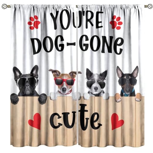 Llylumty Funny Dog Curtains for Home Decor,Rustic Farmhouse Four Cute Dogs Behind a Fence Watching Funny Window Treatment for Kids Boys Room Party 21x45in,2 Panel Set