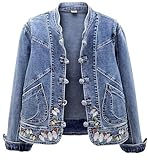 ebossy Women’s Cute Embroidery Butterfly Graphic Long Sleeve Slim Washed Denim Jacket with Pocket (L, Blue)