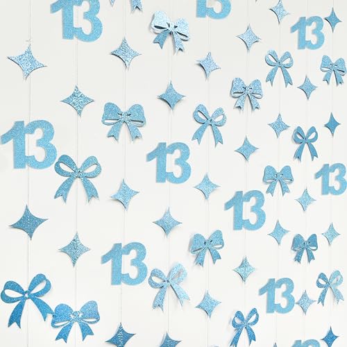 Image of Glitter Blue 13th Bow Birthday Decorations Teal Blue Conquette Bow Garland Streamer Banner Backdrop for Girls Happy 13th Birthday Official Teenager Cheers to 13 Years Old Anniversary Party Supplies