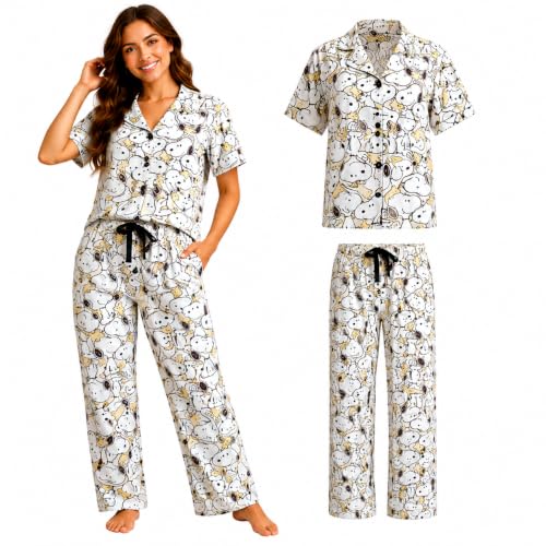 COCO BRANDS Peanuts Snoopy Womens Pajama Sets - 2 Piece Button Down Sleep Shirt and Pajama Bottoms Sleepwear Size Large White Snoopy