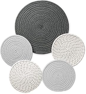 5-Pcs Trivet Pot Holder: Round Woven Potholders Set - 100% Cotton Braided Hot Pads - Coasters - Table Mats for Cooking and Baking One 11.8 Inch and Four 7 Inch